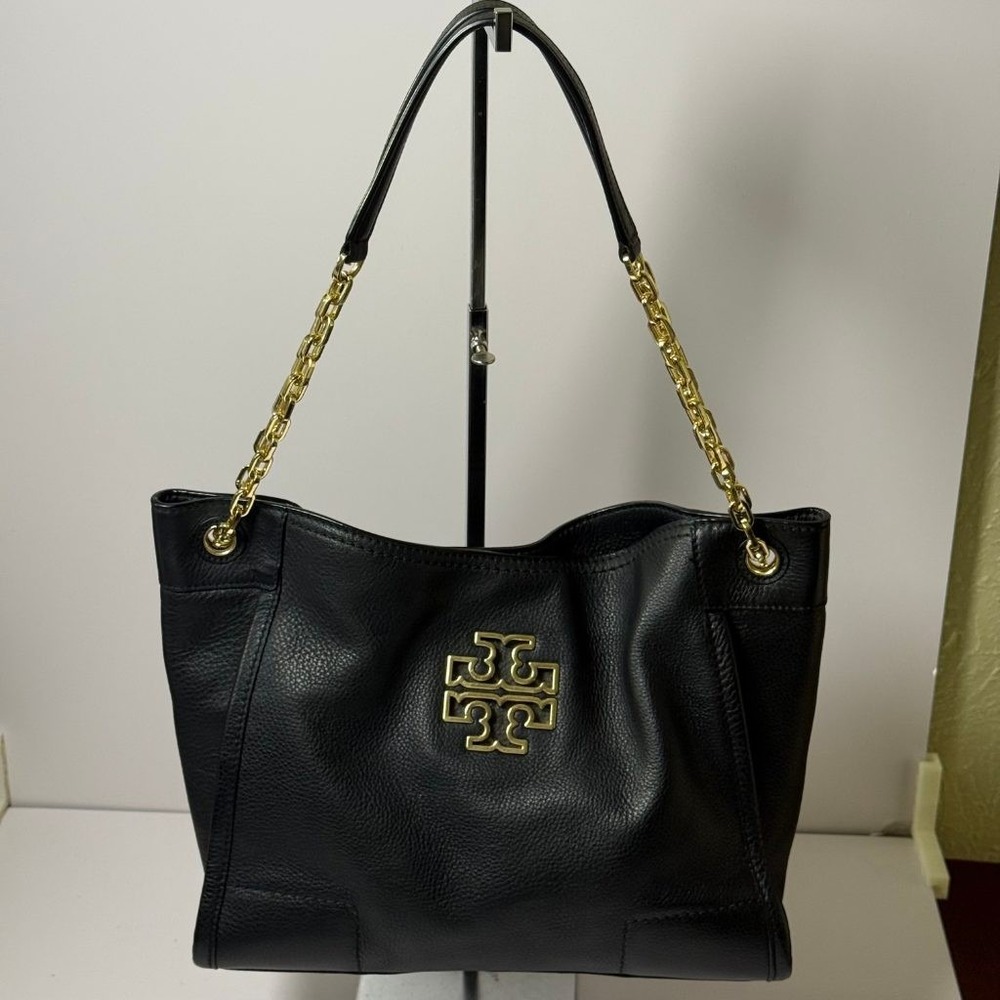 Tory Burch Britten Black Pebbled Leather Chain Tote Shoulder Bag Gold Hardware